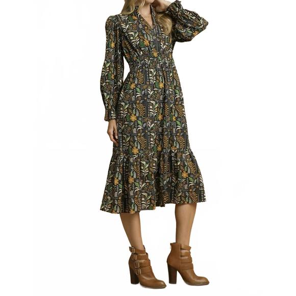 NEW UMGEE floral midi dress with smocked waist in black mix - Picture 2 of 5